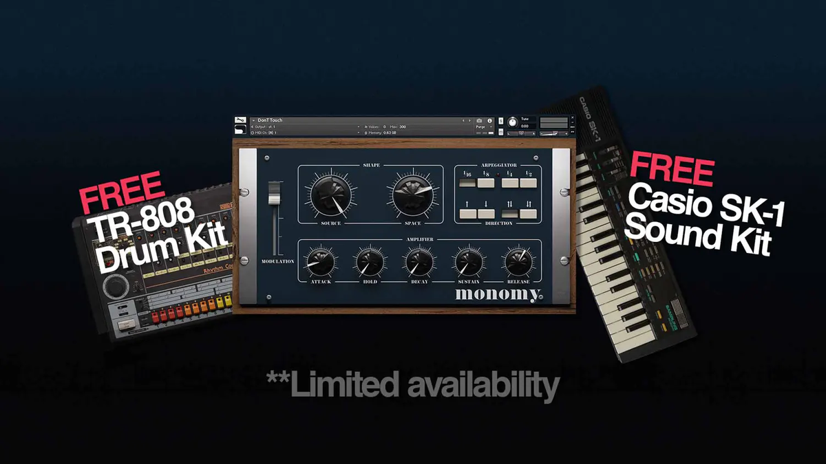 Free TR-808 drum kit and Casio SK-1 sound kit included with Monomy