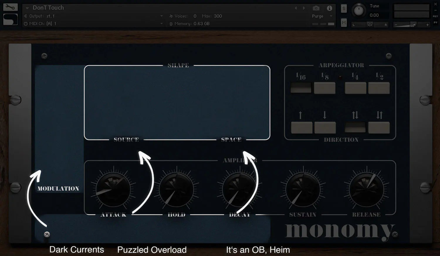 Monomy instrument with highlighted Modulation, Source and Space controls