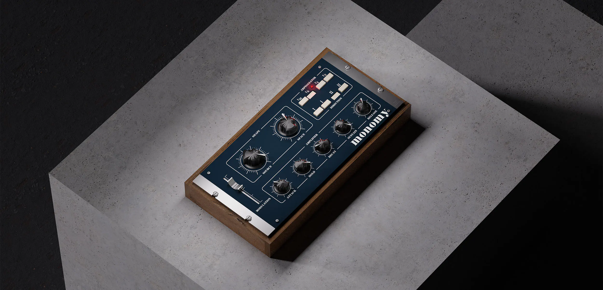 Monomy synthesizer instrument on a concrete studio surface